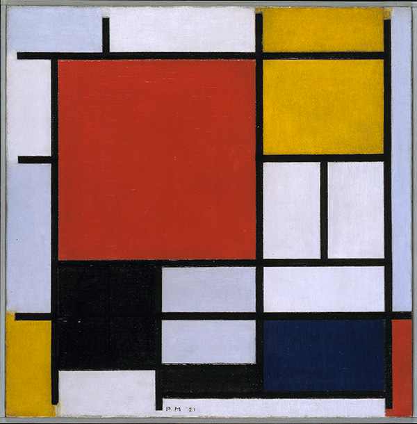Composición en rojo, amarillo y azul de Mondrian. Vía Wikimedia.org