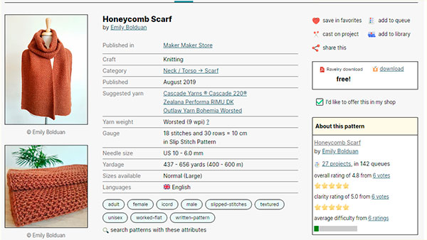 Honeycomb Scarf de Purl Soho, vía Ravelry